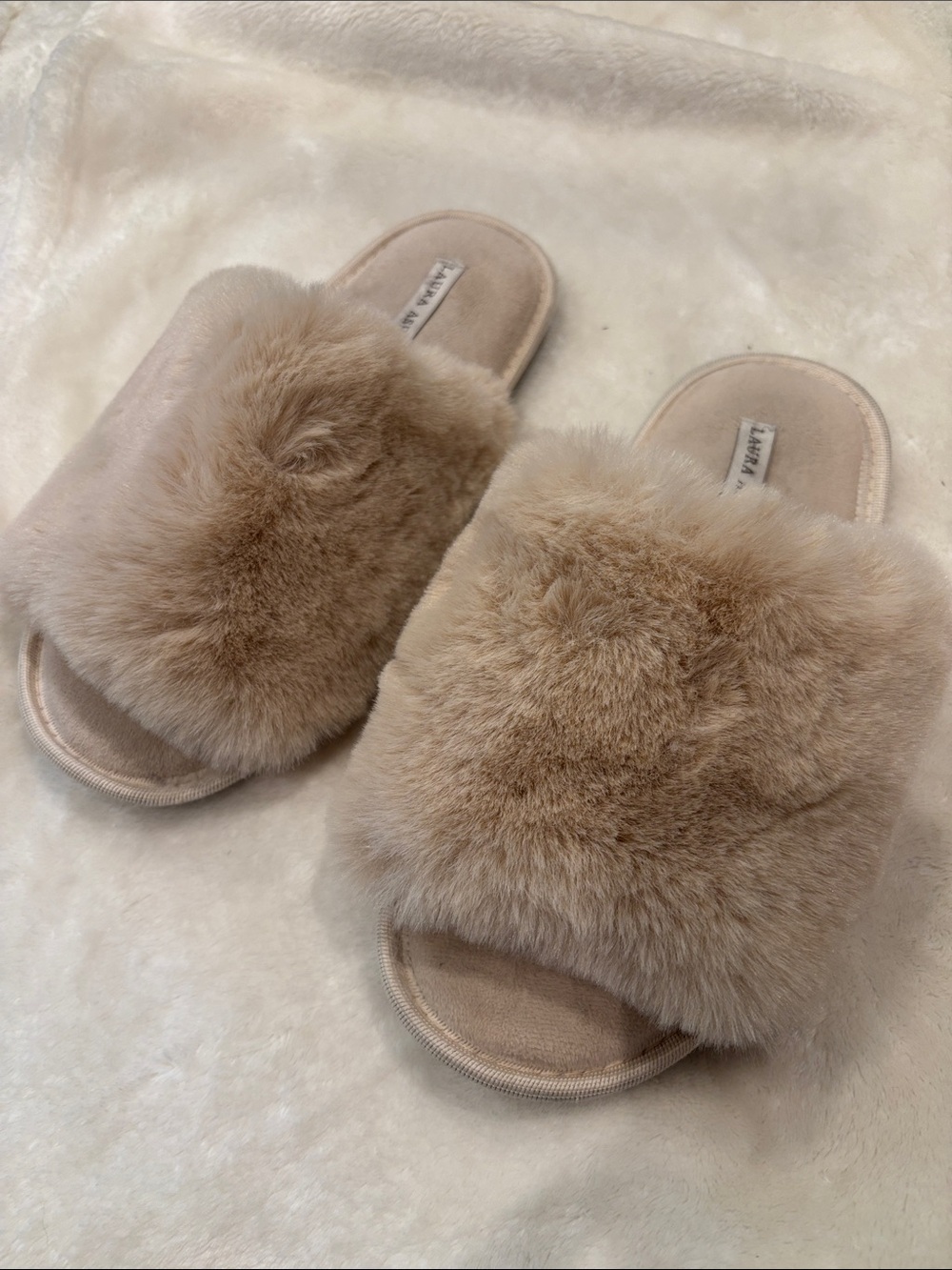 Laura Ashley Plush Fur Slide Slippers - Light Tan